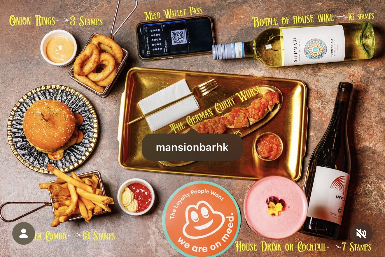 The Mansion Meed stamp rewards: onion rings, house drink, burger combo, bottle of house wine